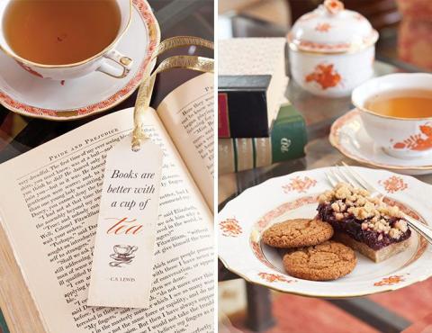 books, tea, coffee, and cookies