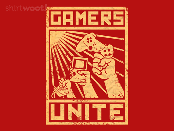 Red gamers unite in gold with hands holding different gaming controllers