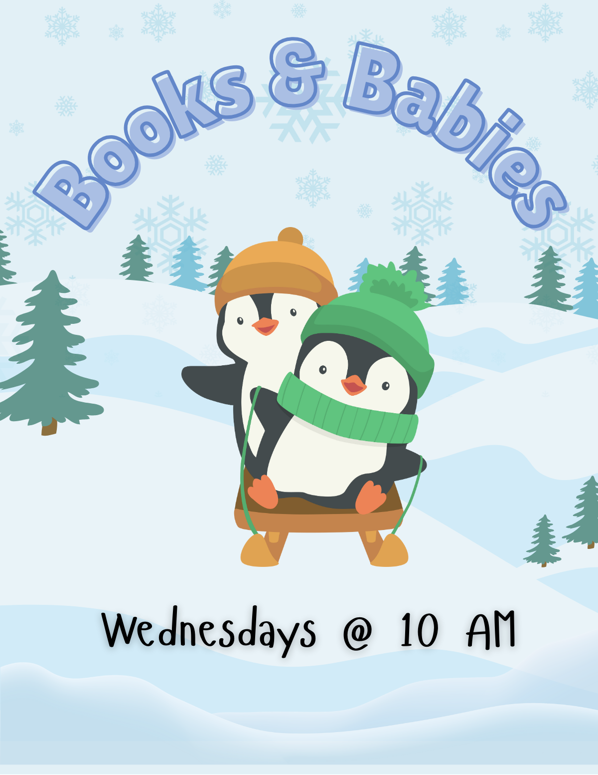 Penguins sledding with text "Books & Babies"